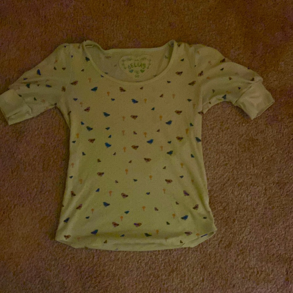 Woman’s size M, yellow, bird print, Delias shirt.